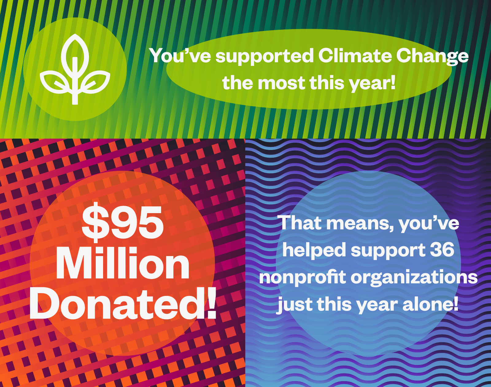 CREDO Wrapped summary artwork combining cause, donation, and organization impact